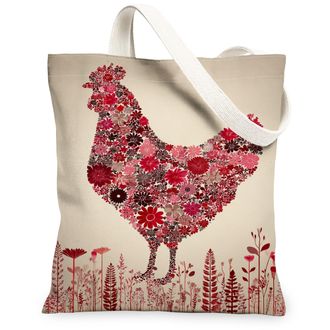 Generic Floral Chicken Canvas Tote Bags, Vintage Floral Pattern Reusable Grocery Bags, Lightweight Washable Shoulder Strap Canvas F, Beige, 13x15 Inch