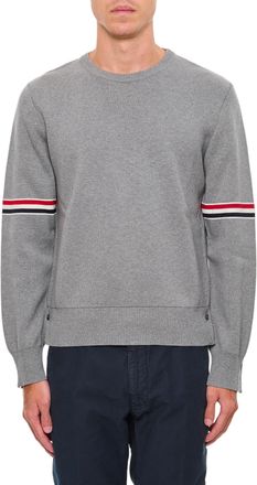 Thom Browne Grey Crewneck Pullover With Striped Sleeve Accents