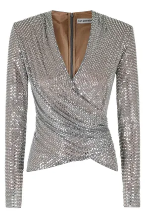 Self Portrait Gray Rhinestone Mesh V-Neck Wrap Top