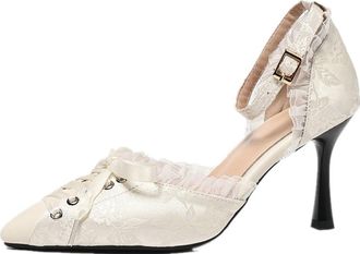 Generic Womens Closed Pointed Toe Ankle Strap Buckle Stiletto Dress Pumps Lace Design Elegant Wedding Party Evening Shoes (5.5,Beige)