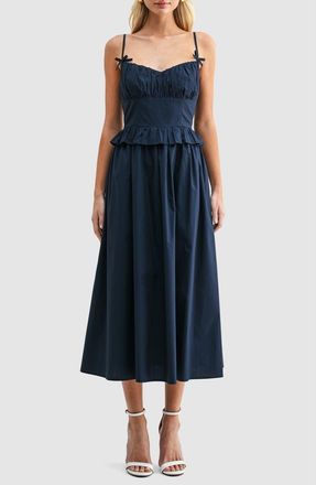 All in Favor Ruffle Waist Cotton Midi Dress in Navy at Nordstrom, Size X-Large
