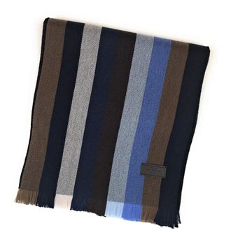 Hickey Freeman Mens Wool Scarf - Navy and Brown Multi Strpe, 100% Australian Merino Wool, 72 inches x 10 inches, by Hickey Freeman