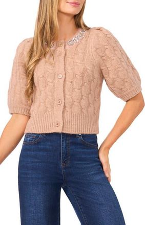CeCe by Cynthia Steffe Rhinestone Neck Cable Stitch Cardigan in Burnt Caramel at Nordstrom, Size X-Small