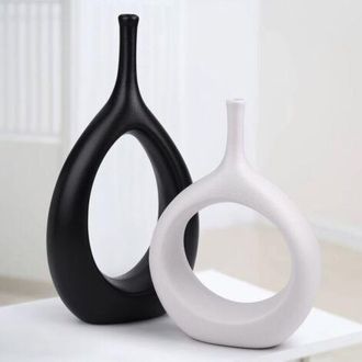 OEM Jarrones De 2 Piezas En Blanco Y Negro, Jarr&oacute;n Decorativo Moderno Para Hierba De La Pampa, Jarrones Vintage De Cer&aacute;mica Con Forma De Rosquilla