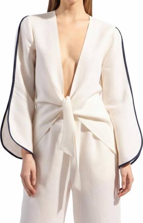 Adriana Degreas Bicolor Linen Tie Front Blouse In Off White