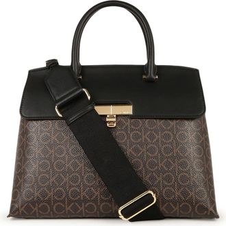 Calvin Klein Womens Becky Turn Lock Satchel - 2 in 1, Vegan Leather, 3 Pockets, Brown/Khaki/Black, One Size