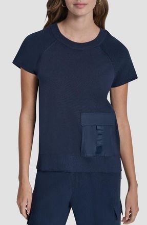 DKNY Satin Pocket Short Sleeve Sweater in Hudson Blue at Nordstrom, Size X-Small