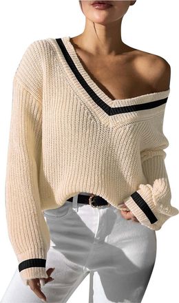 Generic Womens College Color Block V Neck Relaxed Fit Casual Sweater Yellow, beige, XL