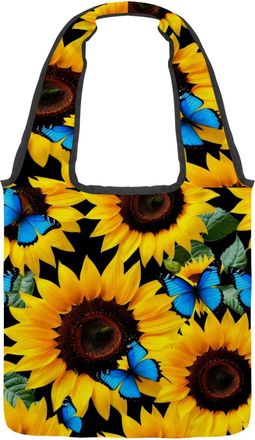 Generic Butterflies Sunflower Reversible Canvas Shoulder Tote - Double-Sided Print, 12oz Cotton, 27cm Drop, Fold-Flat Bag for Travel, Shopping, Street Outings