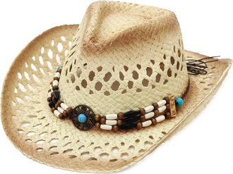 Eozy Womens Straw Cowboy Hat Bend Brim Fedora Hat Sun Beads Decorates Hollow Out Cowgirl Sun Hats for Beach Outdoor Khaki