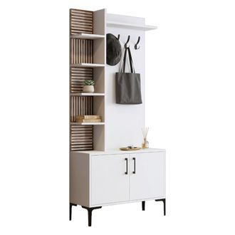 Dmora Mueble De Entrada Caccamo, Perchero, 10 Estantes, Puerta Batiente, 90x35x200h Cm Blanco