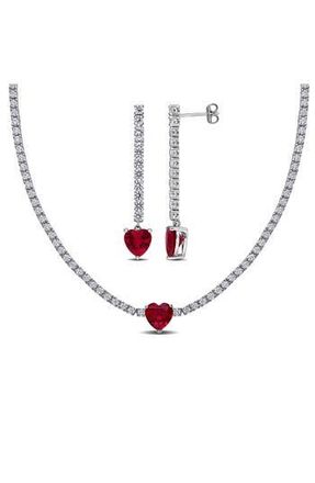 Delmar White Sapphire & Lab-Created Ruby Heart Necklace & Drop Earrings in Red at Nordstrom Rack