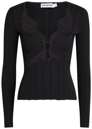 Self Portrait Ribbed Lace-trim Stretch-knit top - Black - S (UK8-10 / S)