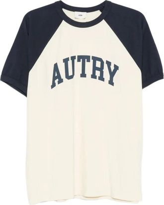 Autry Tops, Heren, Beige, S, Katoen, Bedrukt logo katoenen t-shirt