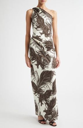 Oscar De La Renta Feather Print One Shoulder Dress in Dark Brown/Ecru at Nordstrom, Size 10