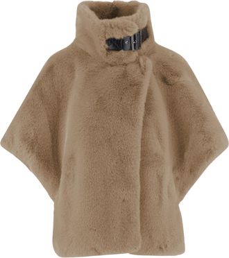 Pinko Fur-Effect Fabric Cape With High Collar And Faux Leather Accents