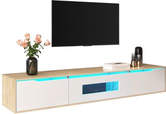 STILVORA Mueble Tv Con Puertas Ranuradas Y Led 16 Colores, Blanco Brillo Y Efecto Madera, 180&times;35&times;30 Cm, De Aglomerado