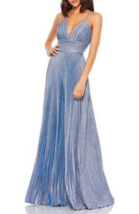 Mac Duggal Shimmer Pleated V-Neck Gown in Royal Silver at Nordstrom, Size 0