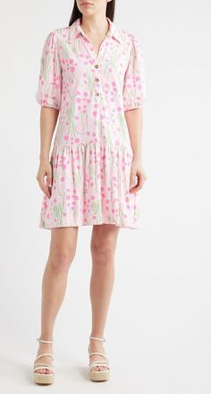 Lilly Pulitzer Bingley Drop Waist Puff Shoulder Dress in Conch Shell Pink Sunny Daisies at Nordstrom, Size X-Small
