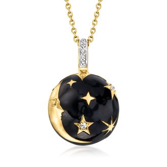 Ross-Simons Black Enamel and. White Topaz Moon and Stars Pendant Necklace in 18kt Gold Over Sterling