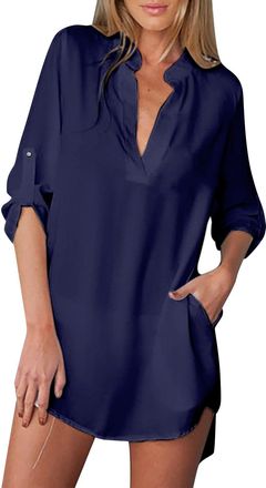 Generic Oversized T Shirts for Women Sexy Deep V Neck Loose Long Sleeve Shirts Lapel Neck Solid Color Tunic Tops Casual Longline Curved Hem Swing Blouse Prime