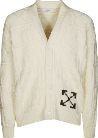 Off-white Textured Knitted Cardigan with V-Neck and Arrow Motif
