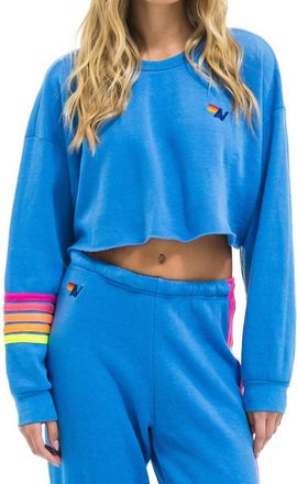 Aviator Nation Rugby Stitch Cropped Crew Sweatshirt In Cobalt/neon