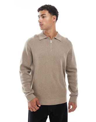 Jack & Jones Premium - Polo a maniche lunghe in maglia beige con cerniera lampo corta-Neutro