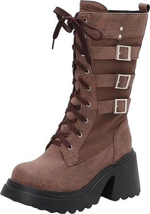 Generic Womens Modern Mid Calf Boots Square Toe Super High Block Heel Platform With Lace-Up Closure And Belt Buckle