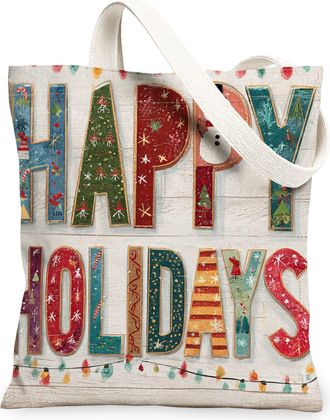 Generic Holiday Canvas Tote Bags, Colorful Lettering Pattern Reusable Grocery Bags, Vintage Lightweight Washable Shoulder Strap for, Multicolor, 13x15 Inch