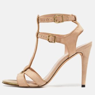 Stuart Weitzman Beige Suede Open Toe T-Strap Sandals