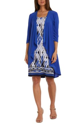 R & M Richards Multi Print 2 Piece Jacket & Dress Set In Blue Berry