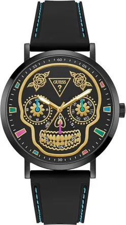Guess Day of the Dead Black Multifunction Silicone Strap Watch, 44mm at Nordstrom