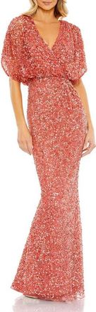 Mac Duggal Draped Sleeve Sequin V-Neck Gown in Paprika at Nordstrom, Size 20