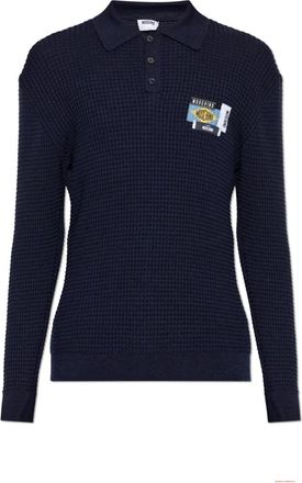 Moschino Wool Polo met Patches - Heren - V-hals truien - Blauw - XL - Wol - Truien & Vesten