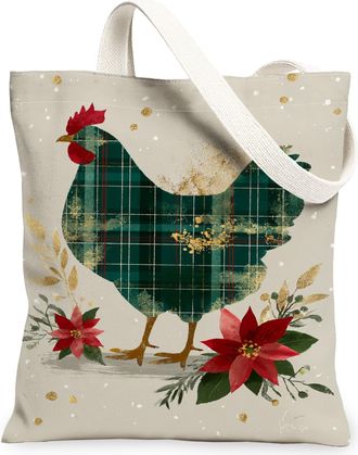 Generic Christmas Chicken Canvas Tote Bags, Holiday Floral Design Reusable Shopping Bags, Lightweight Washable Shoulder Strap Canvas for Grocery Travel Beach 