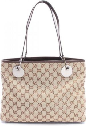 Gucci Beige Brown Canvas Leather Handbag Tote Bag (Pre-Owned)