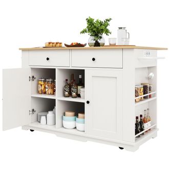 STILVORA Carro De Cocina Con 2 Cajones Y 6 Compartimentos, Enchufes Y Ala Abatible, En Mdf Y Metal, Blanco Y Natural