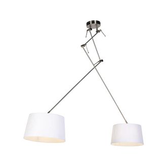 QAZQA Lampada a sospensione con paralume blitz - Rustico - Acciaio,Lino - Bianco/Acciaio - Cilindro/Oblungo/Tondo Max. 2 x Watt - Qazqa