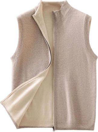 Generic Mens High Neck Double-Sided Wool Vest Casual Solid Color Knitted Sleeveless Cardigan Beige 3XL