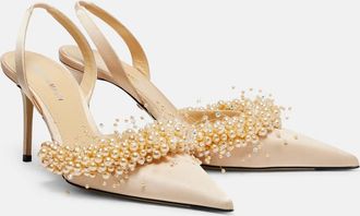 Mach & Mach Floating Pearls 85 satin slingback pumps
