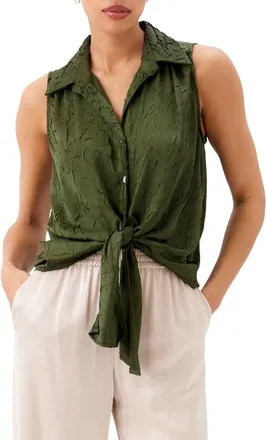 Karen Kane Sleeveless Tie Front Crushed Satin Top in Olive at Nordstrom, Size X-Large