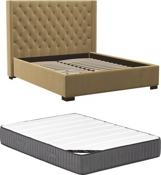 Vente-Unique Cama con cabecero capiton&eacute; - 180 x 200 cm - Tela - Beige + Colch&oacute;n - MASSIMO II