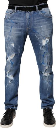 Dolce & Gabbana Mens Straight Leg Ripped Jeans Blue Paint Cotton - Size EU 44 (Mens)