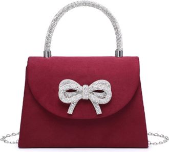 Generic Womens Suede Evening Clutch Bag with Rhinestone Bow, Diamante Top Handle & Chain Strap, Small Elegant Handbag for Wedding, Party & Formal Events (Burg