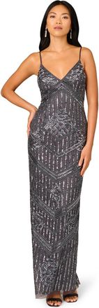 Adrianna Papell Womens Beaded V-Neck Long Dress - Black - Size 14 UK