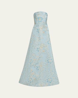 Teri Jon Strapless Metallic Floral Jacquard Gown