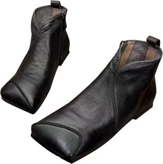 Generic Flat Bottom Boots, Outdoor Walking Shoes With Elastic Band Fashionable Retro Closed Split Toe Shoes Real Leather Low Heels Shoe Casual Street Cool Sty