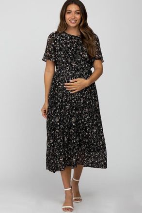 Pinkblush Floral Pleated Chiffon Midi Dress in Black at Nordstrom, Size Medium