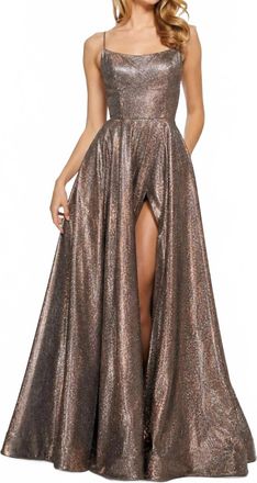 Sherri Hill Glitter Lace-Up Back Gown In Mocha/ Silver